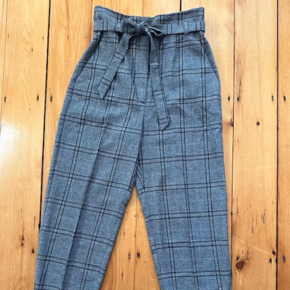 Mango Gray Plaid Paperbag Waist Pants